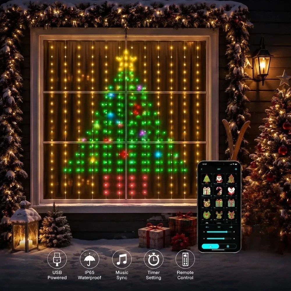 Home Decor Curtains - LED-Pixel-Lichtvorhang mit Bluetooth-App-Steuerung, RGB-Smart-Lichterkette, DIY-Fensterdekoration für