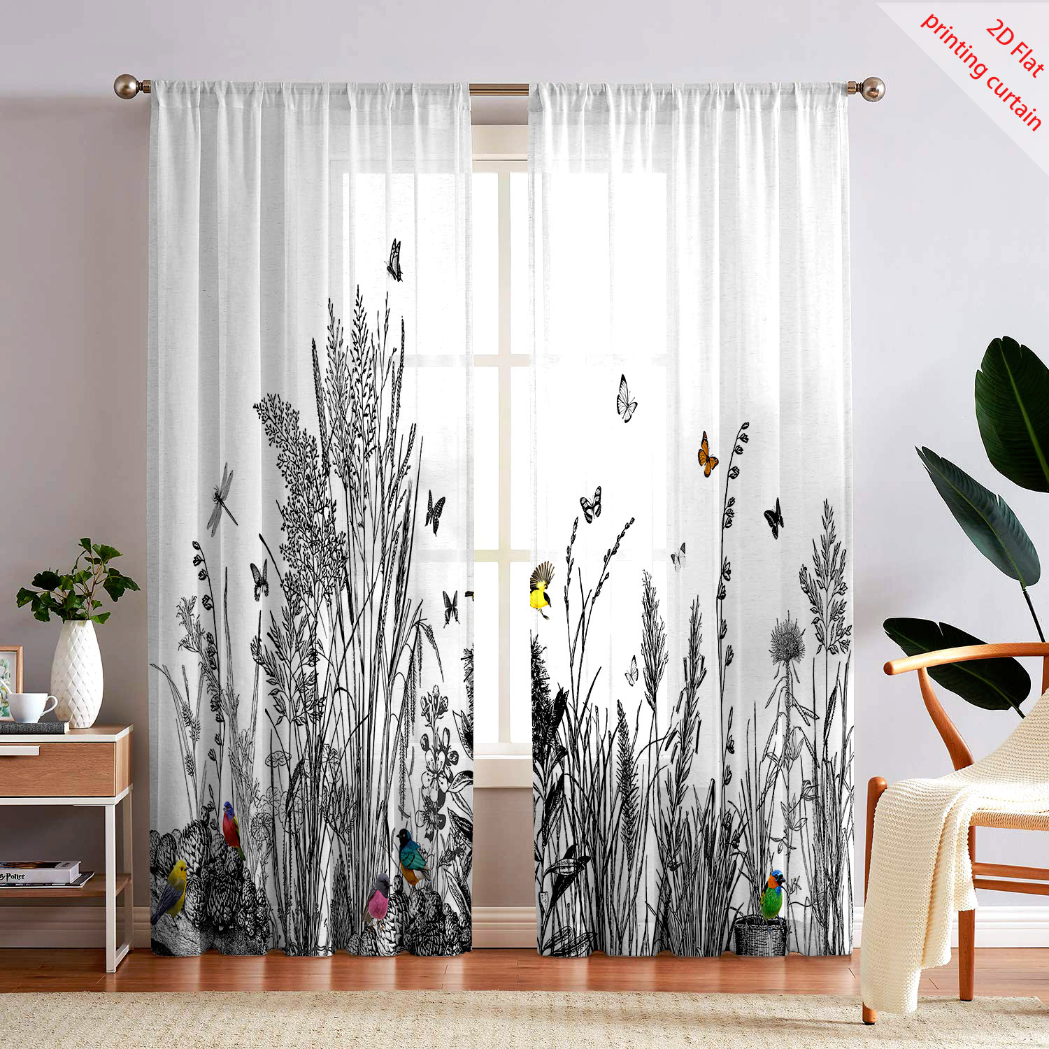 Home Decor Youtube - Transparenter Sichtschutzvorhang mit Pflanzenmuster, dekorative Fensterfolie