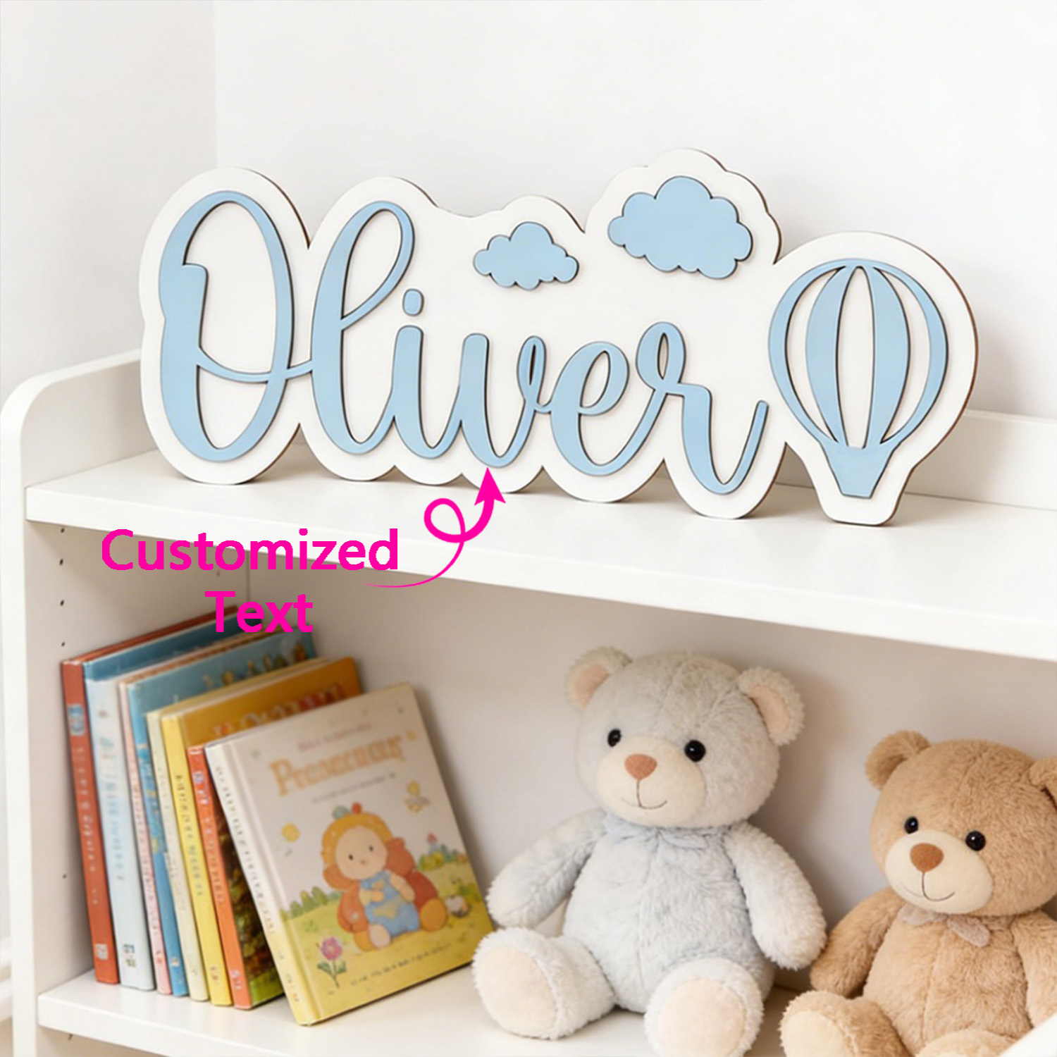 Home Decor For Wedding - Personalisiertes Heißluftballon- & Wolken-Namensschild, Anpassbare Pastellblaue